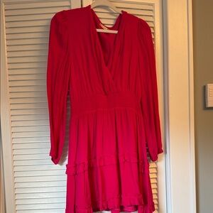 Elegant Red Wrap Sundress with V-Neck and Bishop Sleeves